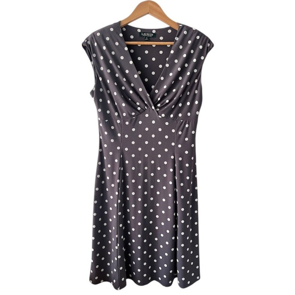 Lauren Ralph Lauren Polka Dot V-Neck Empire Waist Jersey Dress Grey White Sz‎ 10